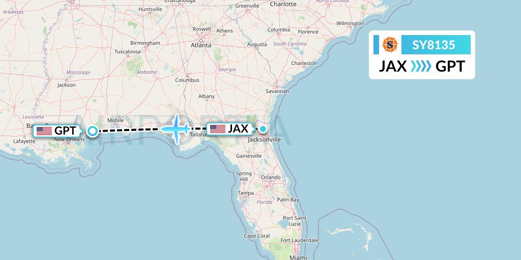 SY8135 Sun Country Airlines Flight Map: Jacksonville to Gulfport