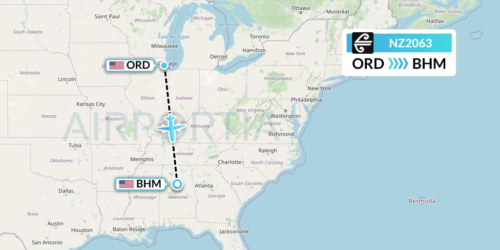 NZ2063 Air New Zealand Flight Map: Chicago to Birmingham
