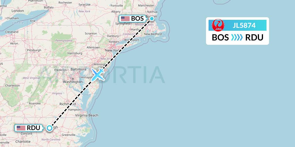 JL5874 Japan Airlines Flight Map: Boston to Raleigh-Durham