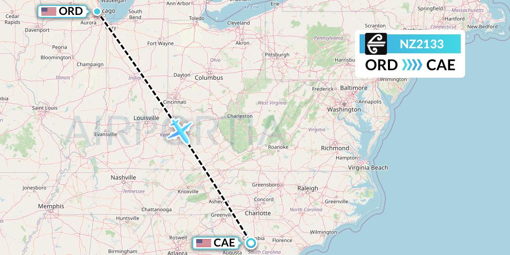 NZ2133 Air New Zealand Flight Map: Chicago to Columbia