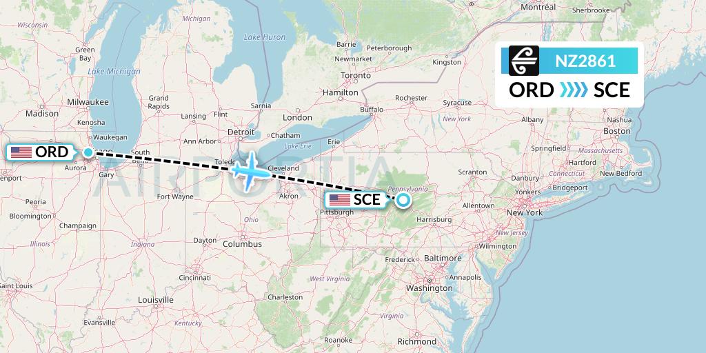 NZ2861 Air New Zealand Flight Map: Chicago to State College