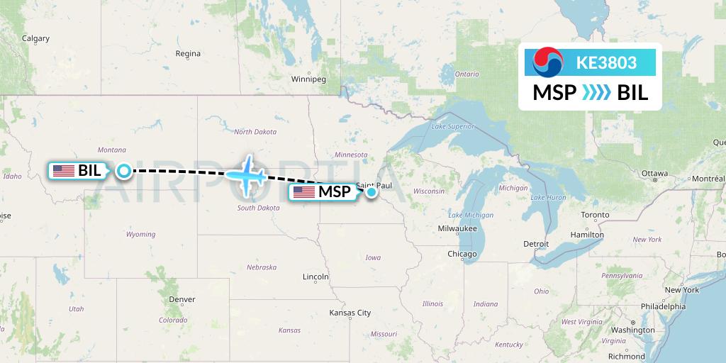 KE3803 Korean Air Flight Map: Minneapolis to Billings
