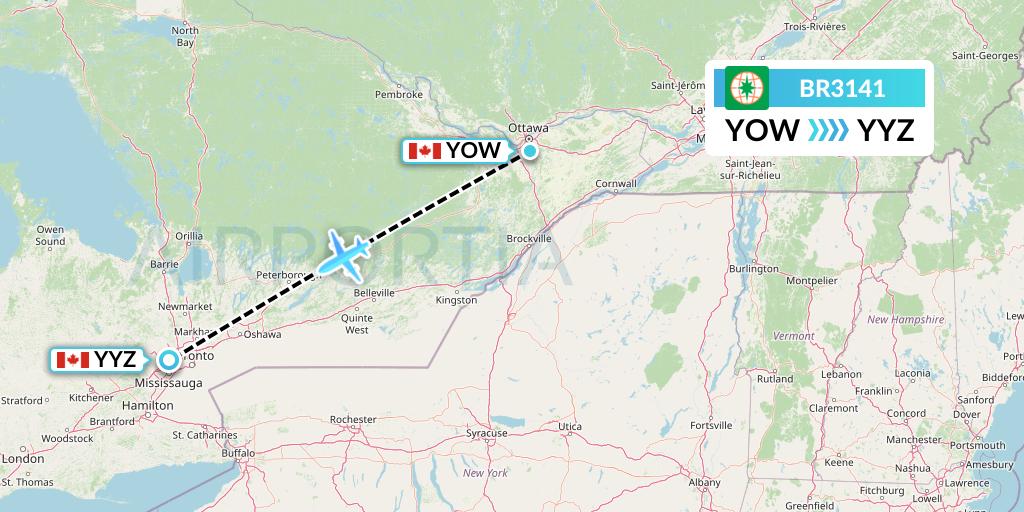 BR3141 EVA Air Flight Map: Ottawa to Toronto