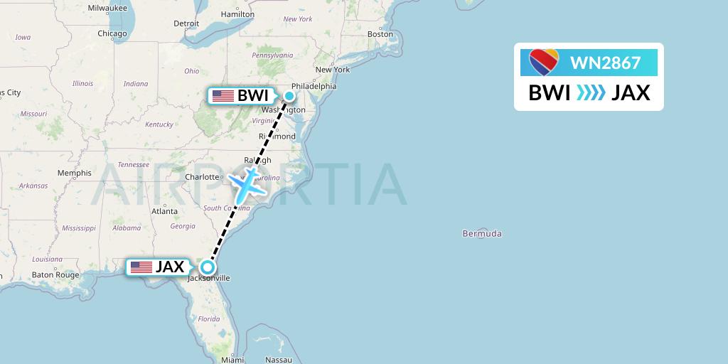 WN2867 Southwest Airlines Flight Map: Baltimore to Jacksonville