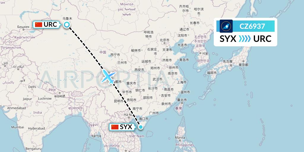 CZ6937 China Southern Airlines Flight Map: Sanya to Urumqi
