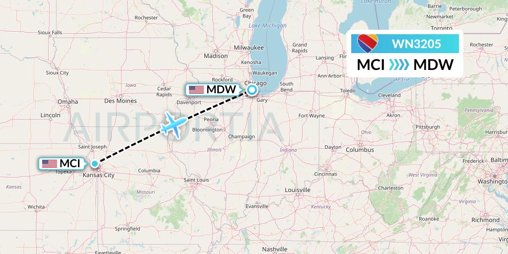 WN3205 Southwest Airlines Flight Map: Kansas City to Chicago