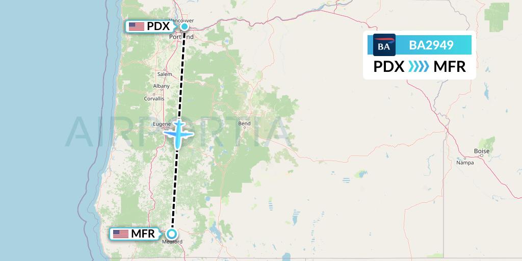 BA2949 British Airways Flight Map: Portland to Medford