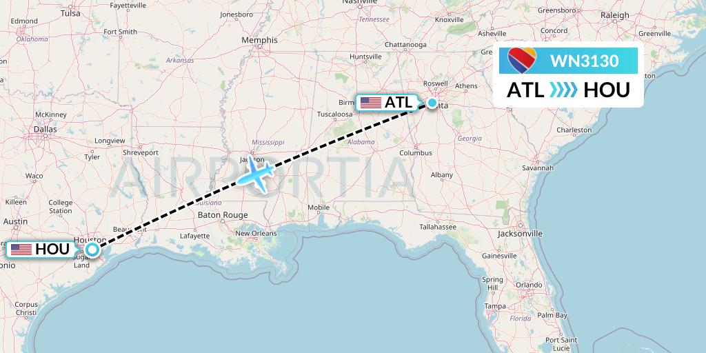 WN3130 Southwest Airlines Flight Map: Atlanta to Houston