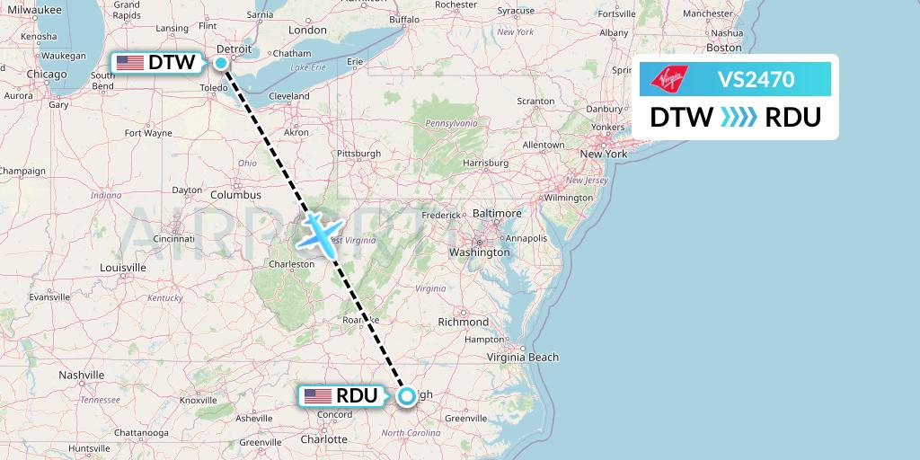 VS2470 Virgin Atlantic Airways Flight Map: Detroit to Raleigh-Durham