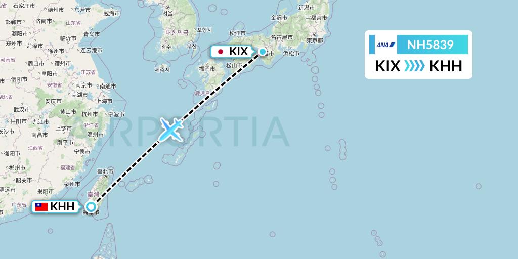 NH5839 All Nippon Airways Flight Map: Osaka to Kaohsiung