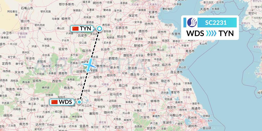 SC2231 Shandong Airlines Flight Map: Shiyan to Taiyuan