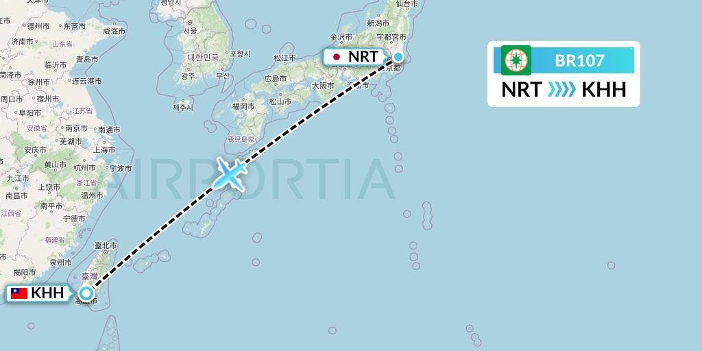 BR107 EVA Air Flight Map: Tokyo to Kaohsiung