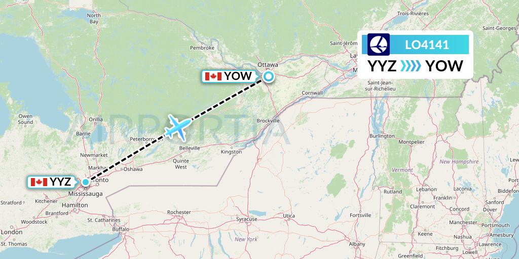 LO4141 LOT Flight Map: Toronto to Ottawa