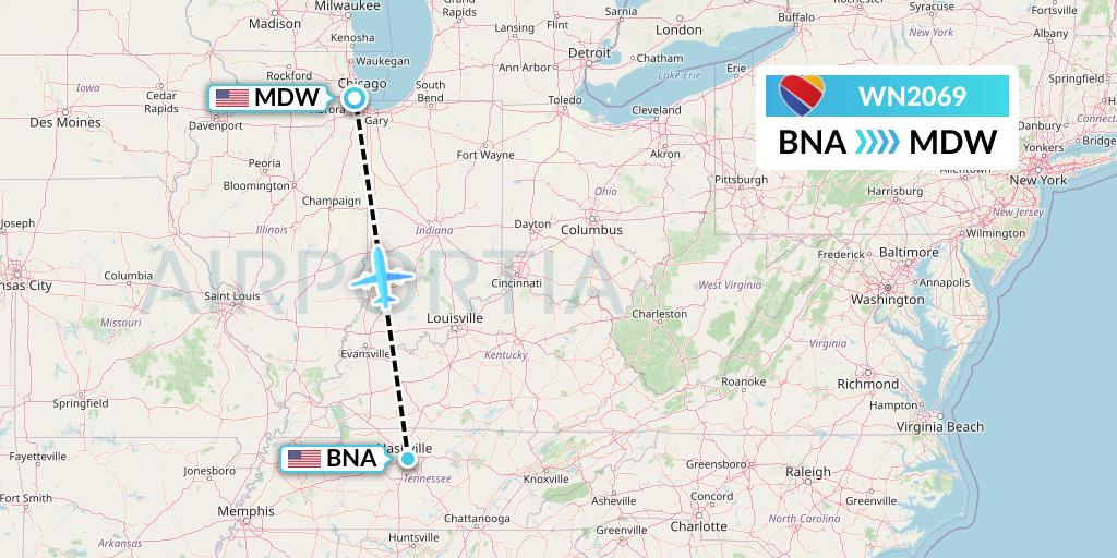 WN2069 Southwest Airlines Flight Map: Nashville to Chicago