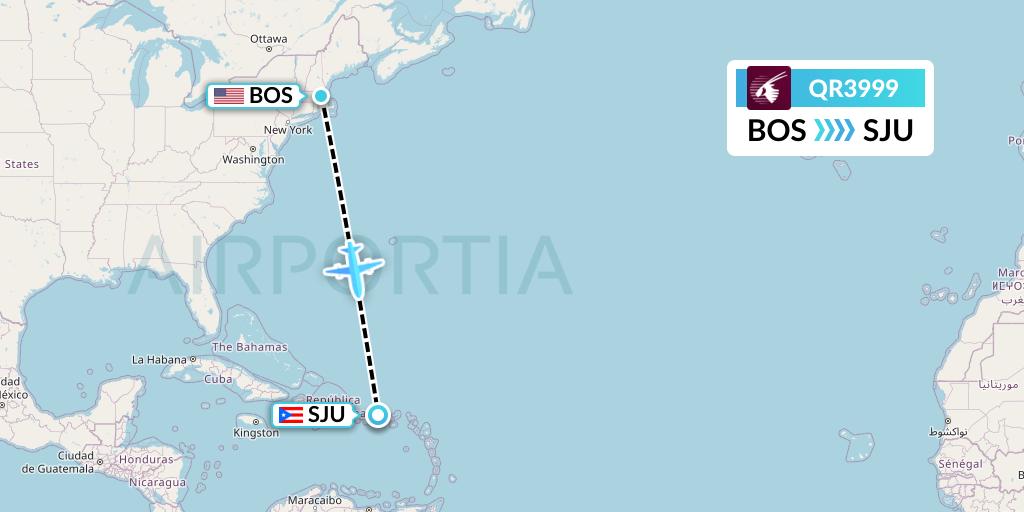 QR3999 Qatar Airways Flight Map: Boston to San Juan
