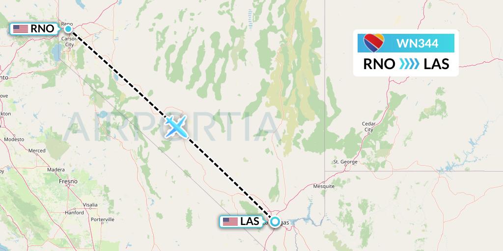 WN344 Southwest Airlines Flight Map: Reno to Las Vegas