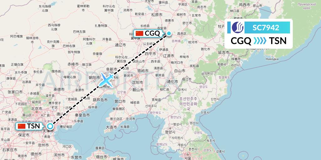 SC7942 Shandong Airlines Flight Map: Changchun to Tianjin