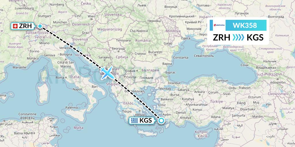 WK358 Edelweiss Air Flight Map: Zurich to Kos