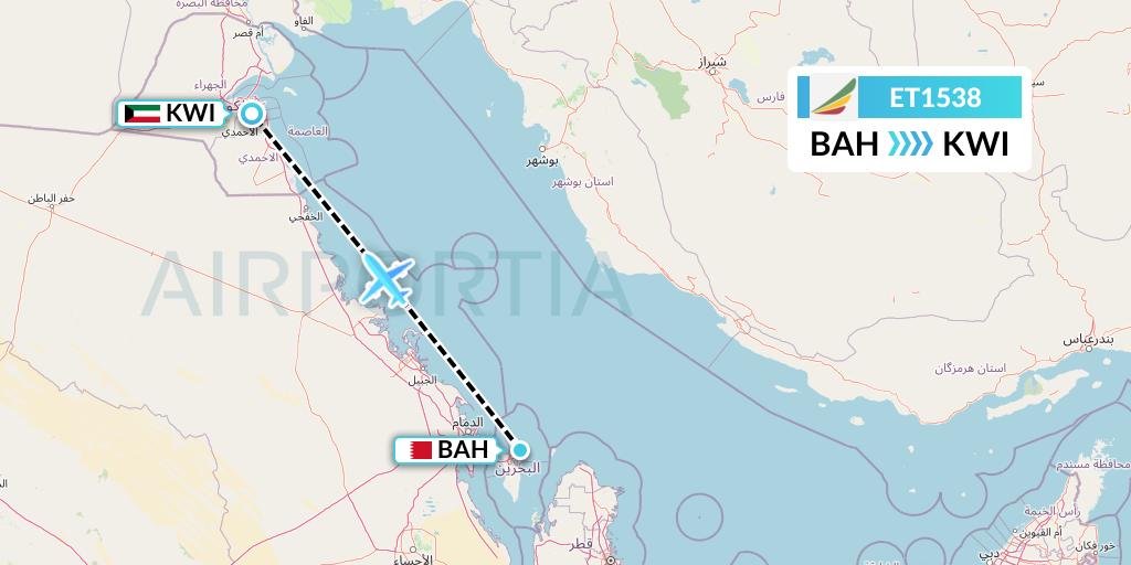 ET1538 Ethiopian Airlines Flight Map: Bahrain to Kuwait City