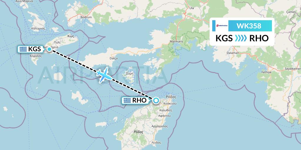 WK358 Edelweiss Air Flight Map: Kos to Rhodes