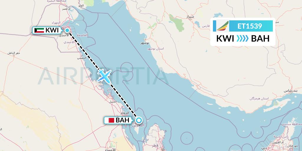 ET1539 Ethiopian Airlines Flight Map: Kuwait City to Bahrain