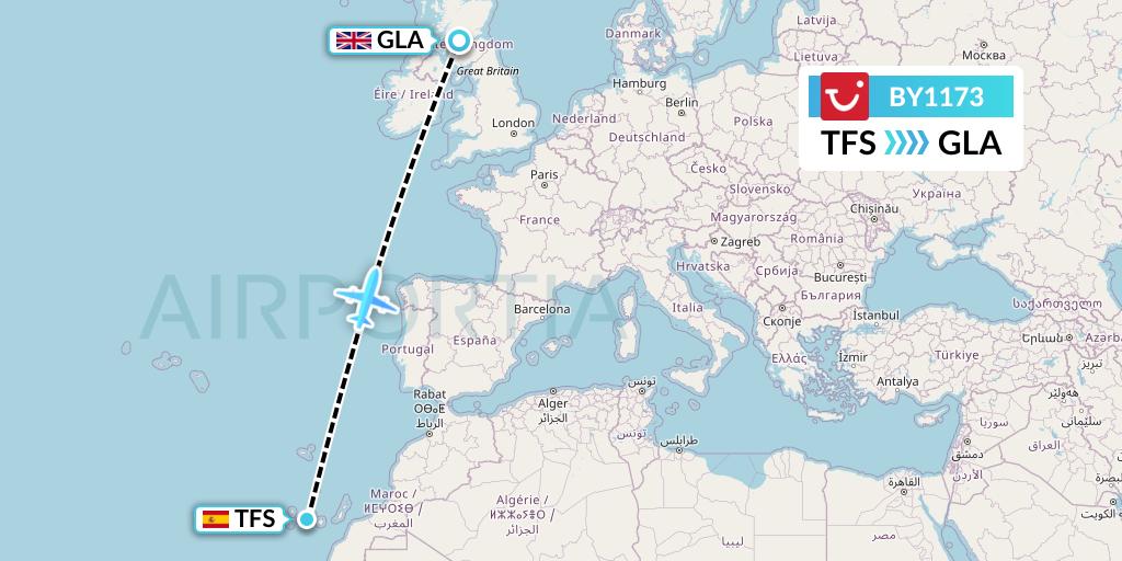 BY1173 TUI Airways Flight Map: Tenerife to Glasgow
