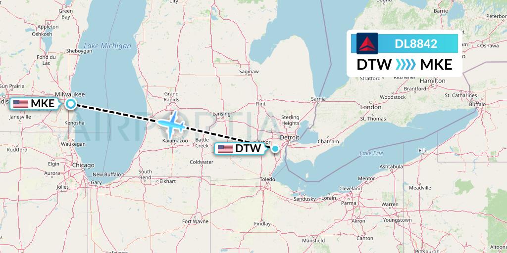 DL8842 Delta Air Lines Flight Map: Detroit to Milwaukee