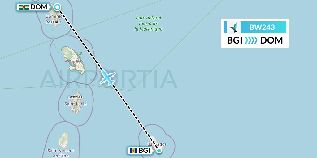 BW243 Caribbean Airlines Flight Map: Bridgetown to Dominica