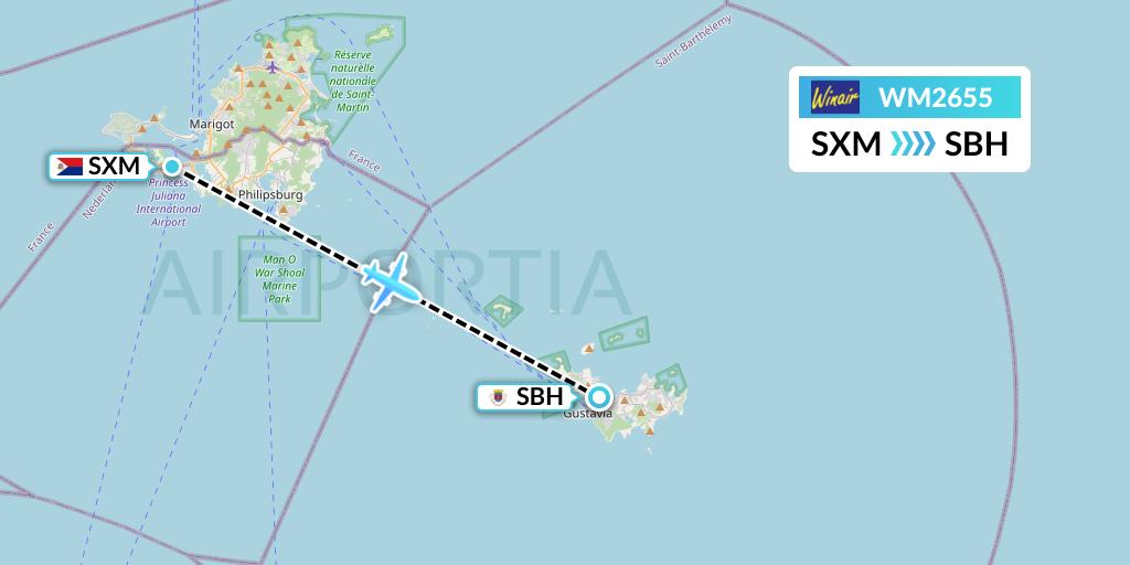 WM2655 Winair Flight Map: Sint Maarten to St. Jean