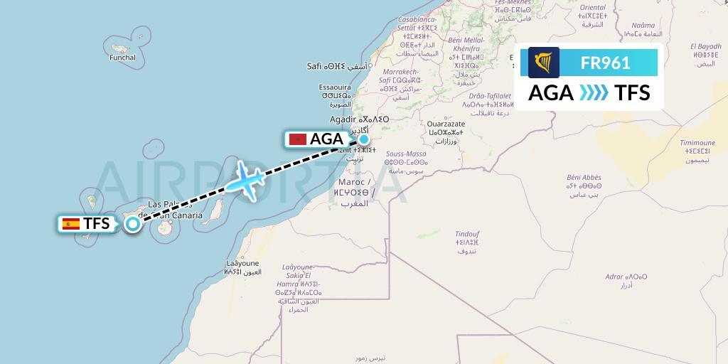 FR961 Ryanair Flight Map: Agadir to Tenerife