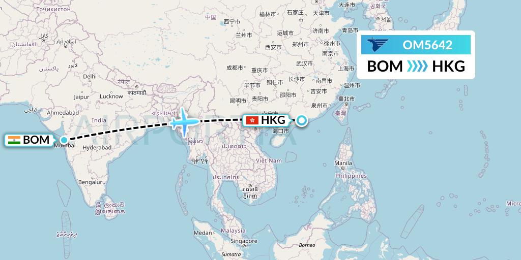 OM5642 MIAT Mongolian Airlines Flight Map: Mumbai to Hong Kong