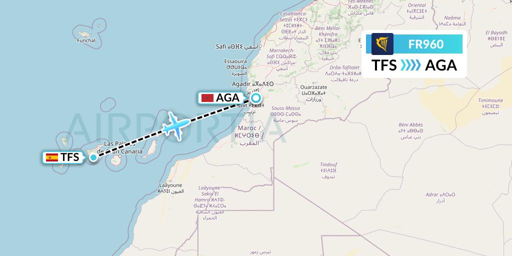 FR960 Ryanair Flight Map: Tenerife to Agadir