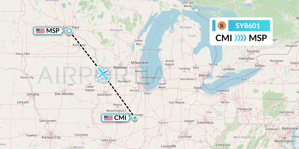 SY8601 Sun Country Airlines Flight Map: Champaign to Minneapolis