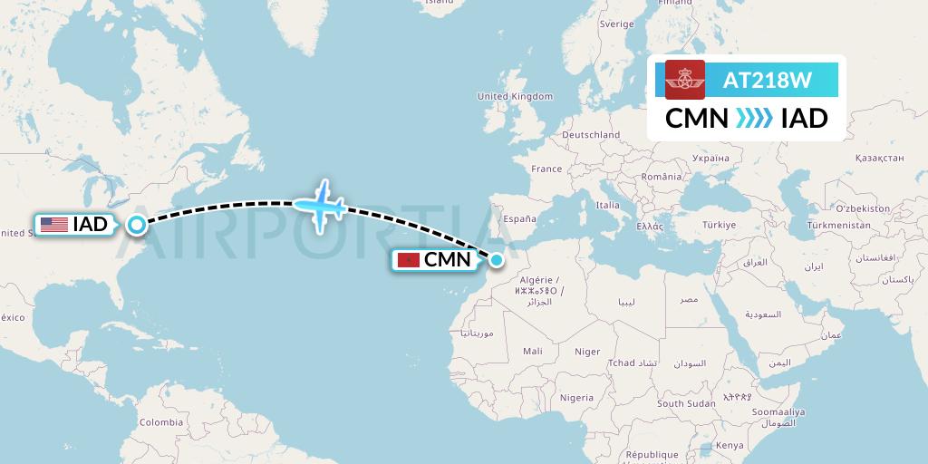 AT218W Royal Air Maroc Flight Map: Casablanca to Washington