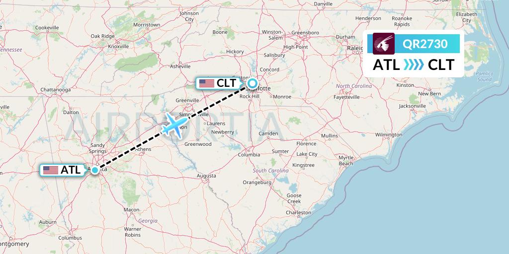 QR2730 Qatar Airways Flight Map: Atlanta to Charlotte