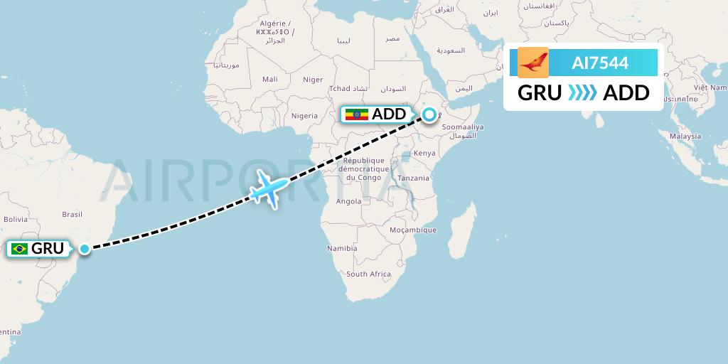 AI7544 Air India Flight Map: Sao Paulo to Addis Ababa