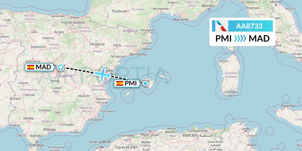 AA8733 American Airlines Flight Map: Palma de Mallorca to Madrid