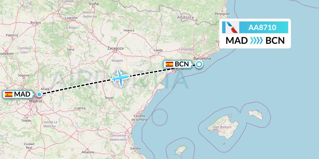 AA8710 American Airlines Flight Map: Madrid to Barcelona