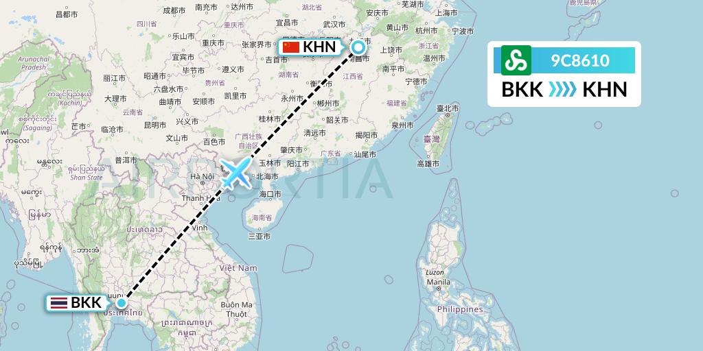 9C8610 Spring Airlines Flight Map: Bangkok to Nanchang