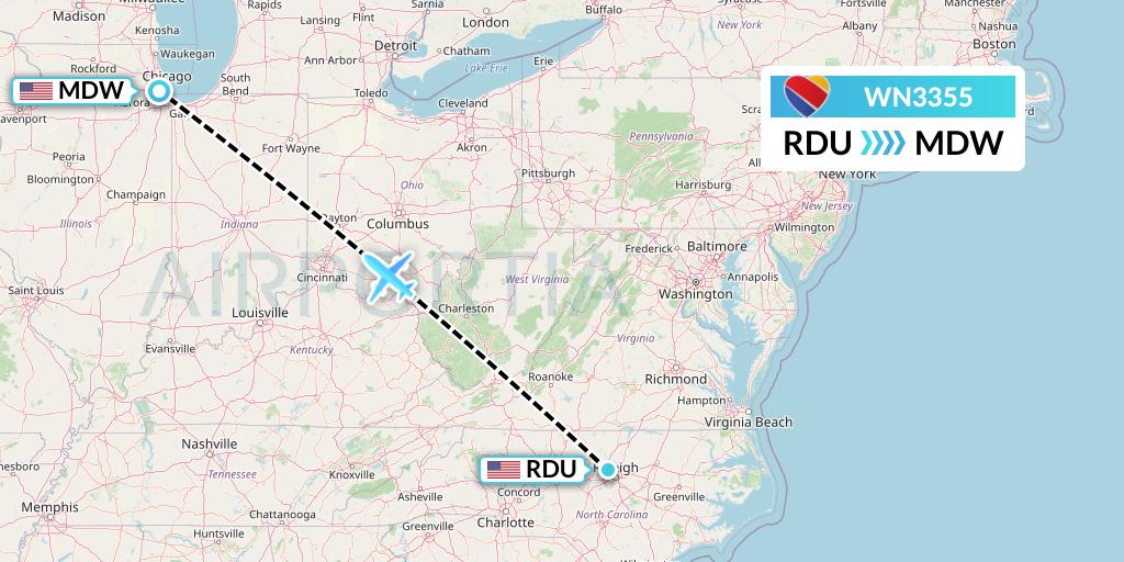 WN3355 Southwest Airlines Flight Map: Raleigh-Durham to Chicago