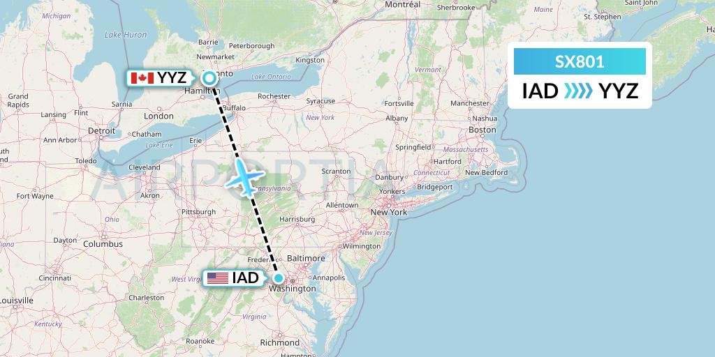 SX801 Flygta Airlines Flight Map: Washington to Toronto