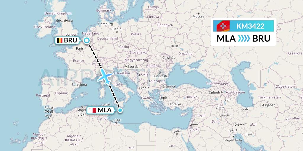 KM3422 Air Malta Flight Map: Malta to Brussels