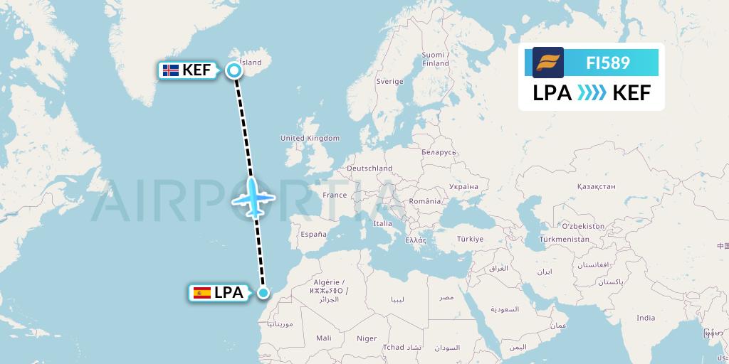 FI589 Icelandair Flight Map: Las Palmas to Reykjavik