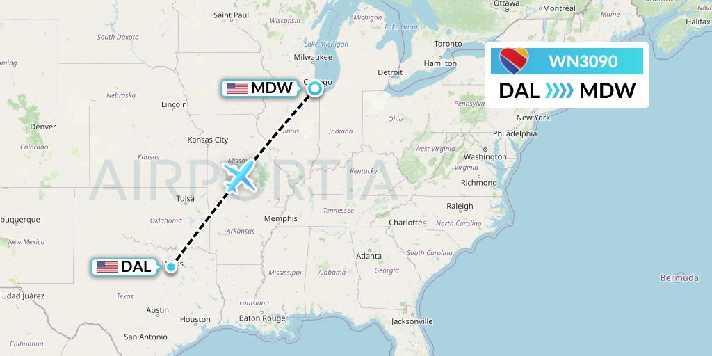 WN3090 Southwest Airlines Flight Map: Dallas to Chicago