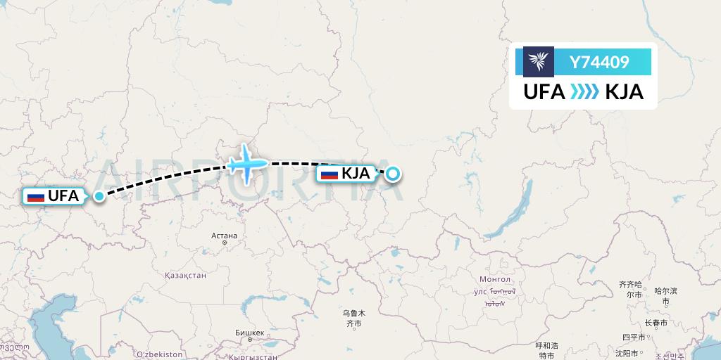 Y74409 NordStar Flight Map: Ufa to Krasnoyarsk