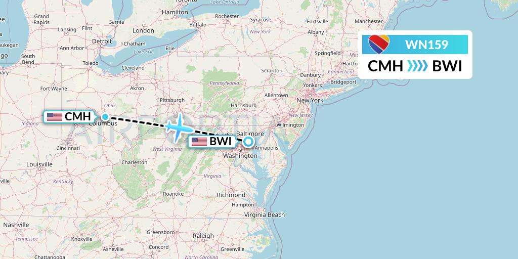 WN159 Southwest Airlines Flight Map: Columbus to Baltimore