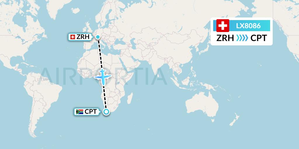 LX8086 Swiss Flight Map: Zurich to Cape Town