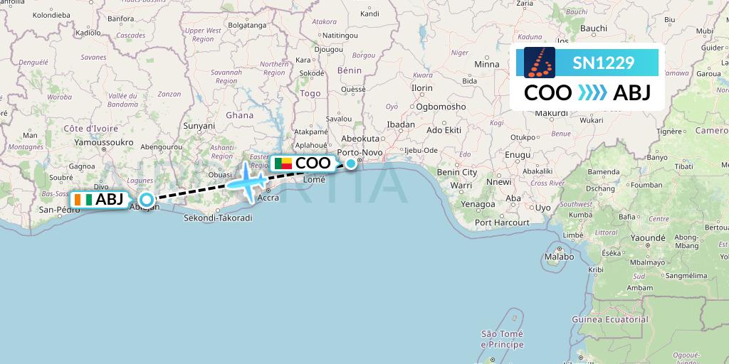 SN1229 Brussels Airlines Flight Map: Cotonou to Abidjan