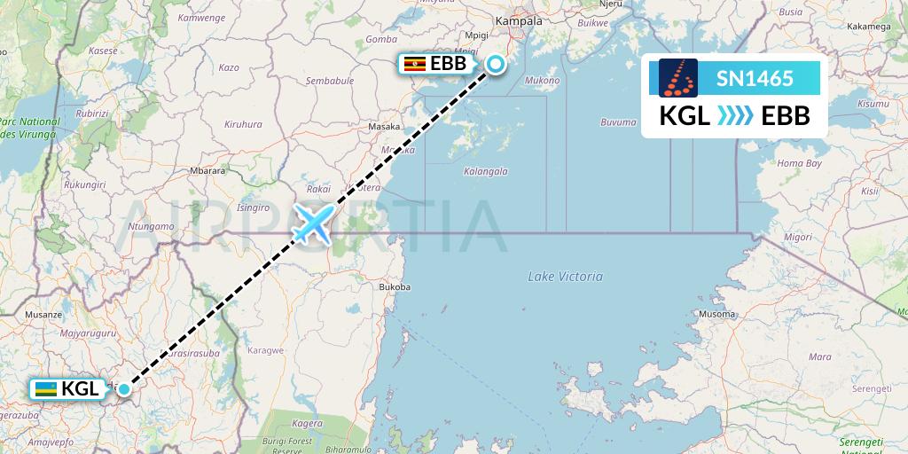 SN1465 Brussels Airlines Flight Map: Kigali to Entebbe
