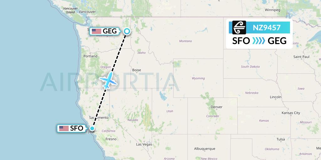 NZ9457 Air New Zealand Flight Map: San Francisco to Spokane